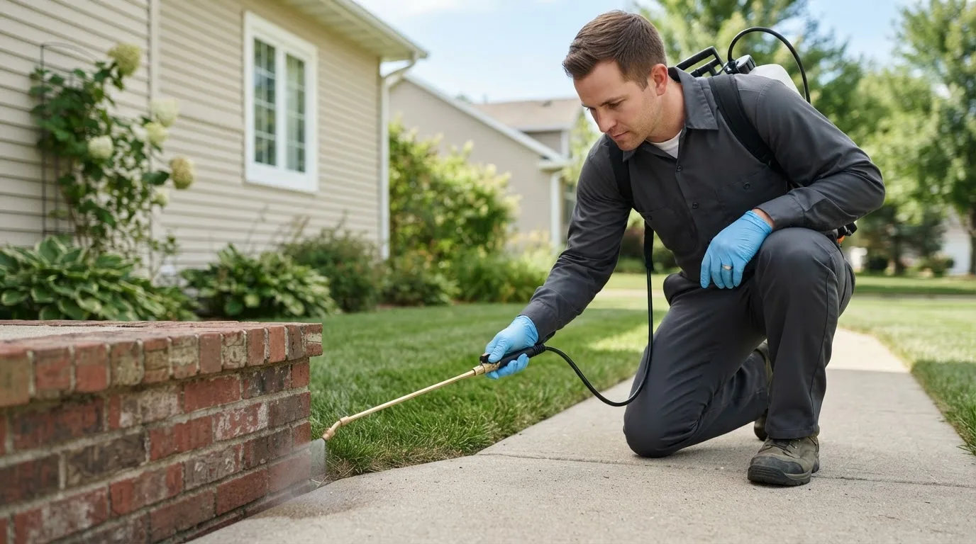 Pest control technician treating a home near Uhrichsville, OH