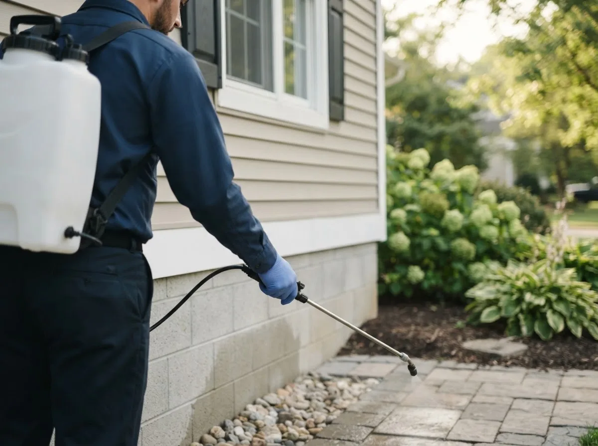 Pest control technician inspecting a home in Uhrichsville, OH
